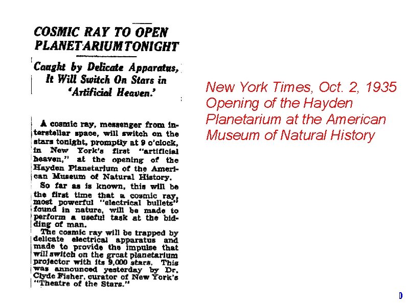 New York Times, Oct. 2, 1935 Opening of the Hayden Planetarium at the American