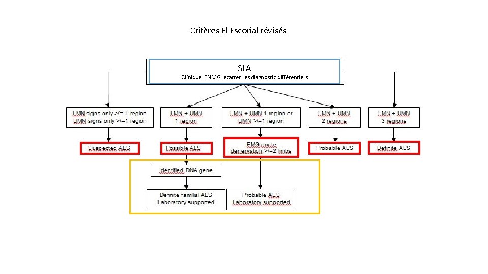 Critères El Escorial révisés SLA Clinique, ENMG, écarter les diagnostic différentiels 