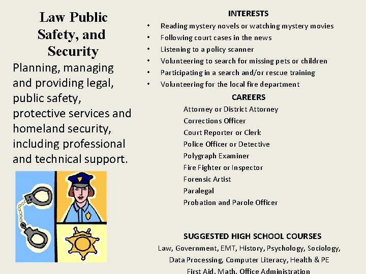 Law Public Safety, and Security Planning, managing and providing legal, public safety, protective services