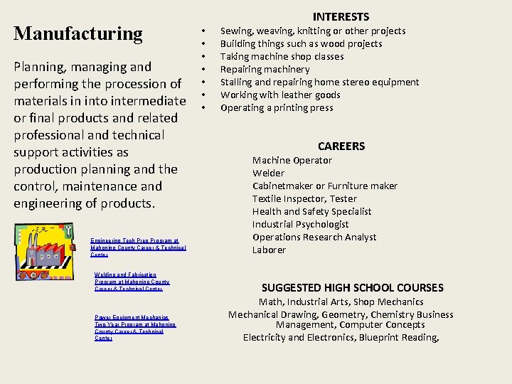 Manufacturing Planning, managing and performing the procession of materials in into intermediate or final