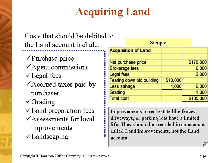 Acquiring Land Costs that should be debited to the Land account include: üPurchase price