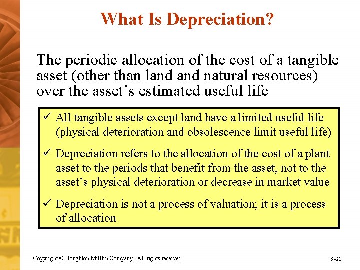 What Is Depreciation? The periodic allocation of the cost of a tangible asset (other