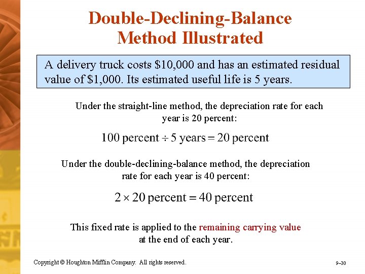 Double-Declining-Balance Method Illustrated A delivery truck costs $10, 000 and has an estimated residual
