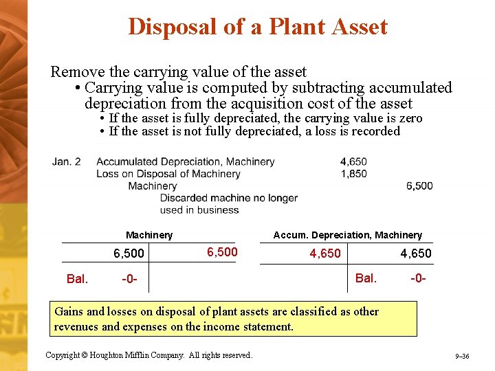 Disposal of a Plant Asset Remove the carrying value of the asset • Carrying