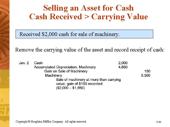 Selling an Asset for Cash Received > Carrying Value Received $2, 000 cash for