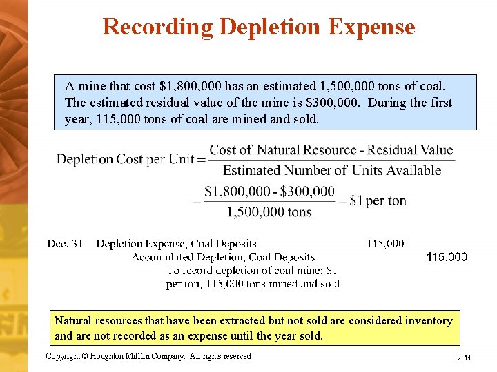 Recording Depletion Expense A mine that cost $1, 800, 000 has an estimated 1,
