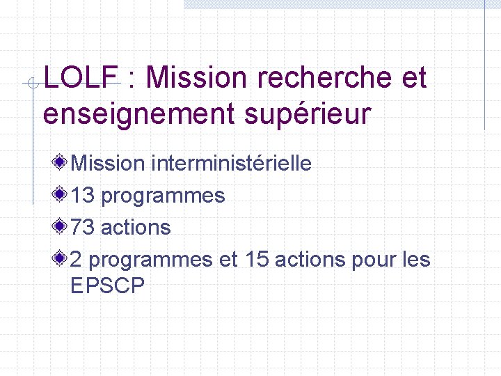 LOLF : Mission recherche et enseignement supérieur Mission interministérielle 13 programmes 73 actions 2