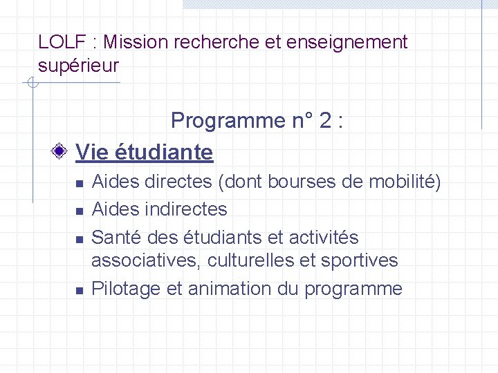 LOLF : Mission recherche et enseignement supérieur Programme n° 2 : Vie étudiante n