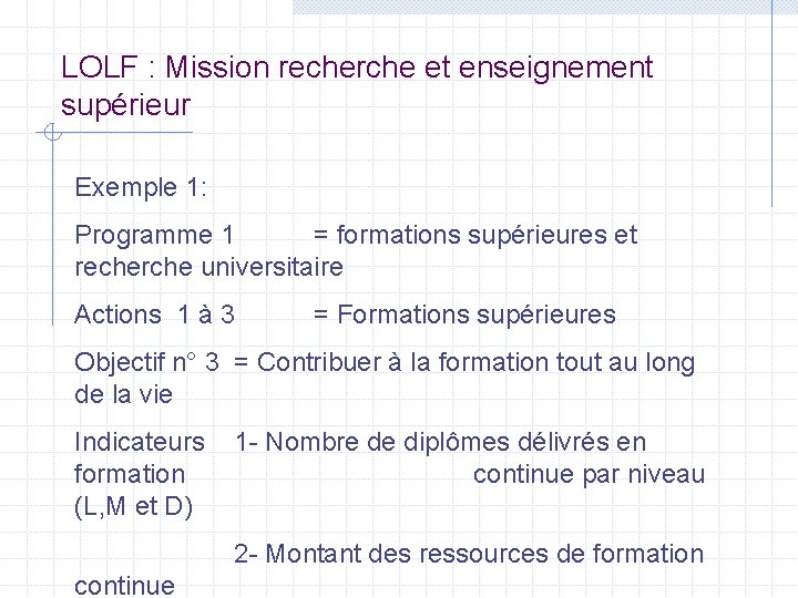 LOLF : Mission recherche et enseignement supérieur Exemple 1: Programme 1 = formations supérieures