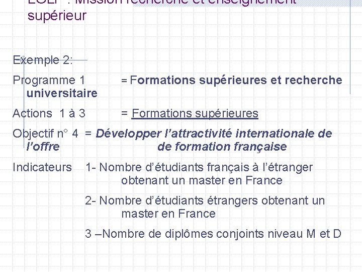 LOLF : Mission recherche et enseignement supérieur Exemple 2: Programme 1 universitaire = Formations