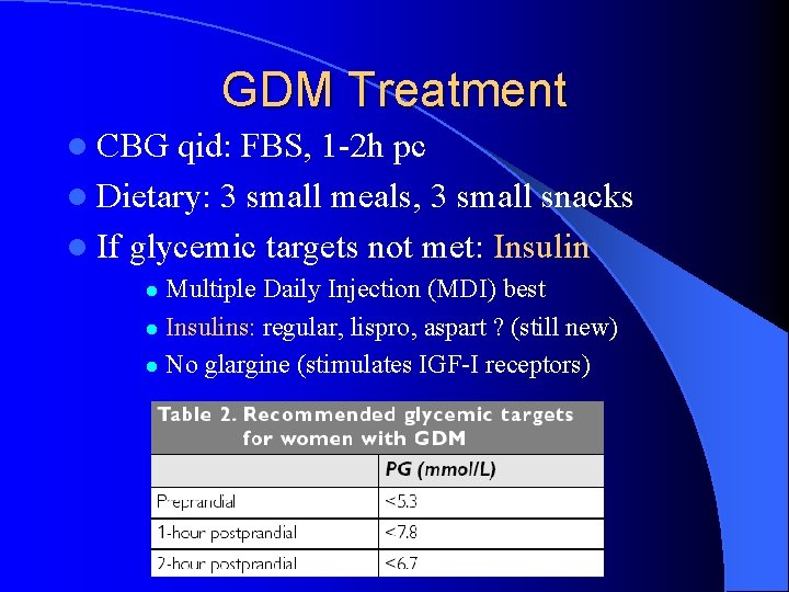 GDM Treatment l CBG qid: FBS, 1 -2 h pc l Dietary: 3 small GDM Treatment l CBG qid: FBS, 1 -2 h pc l Dietary: 3 small