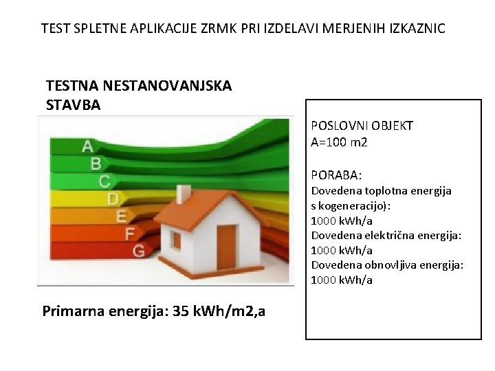 TEST SPLETNE APLIKACIJE ZRMK PRI IZDELAVI MERJENIH IZKAZNIC TESTNA NESTANOVANJSKA STAVBA POSLOVNI OBJEKT A=100