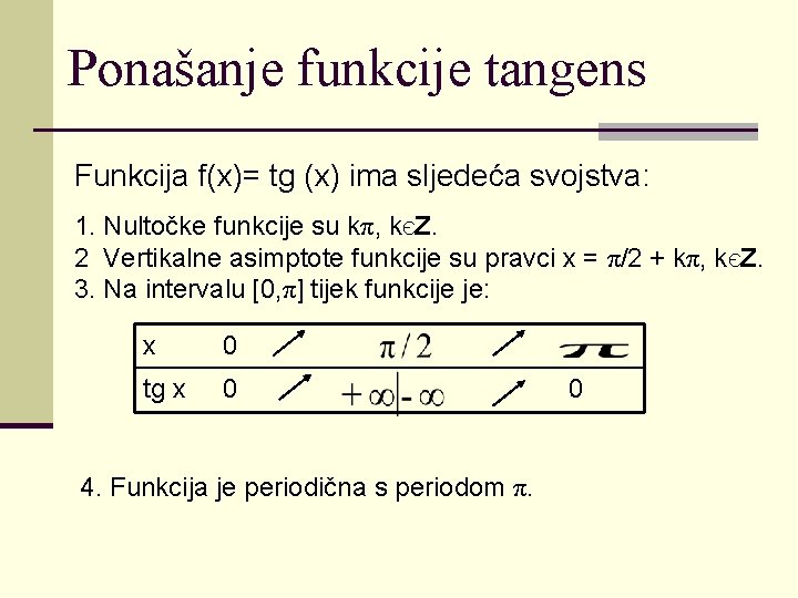 Ponašanje funkcije tangens Funkcija f(x)= tg (x) ima sljedeća svojstva: 1. Nultočke funkcije su