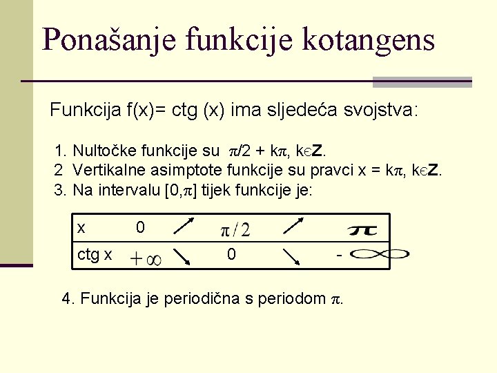 Ponašanje funkcije kotangens Funkcija f(x)= ctg (x) ima sljedeća svojstva: 1. Nultočke funkcije su