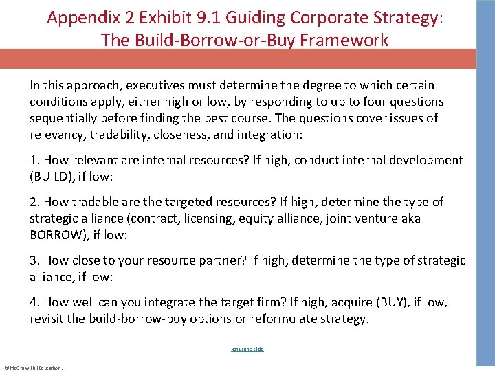 Appendix 2 Exhibit 9. 1 Guiding Corporate Strategy: The Build-Borrow-or-Buy Framework In this approach,