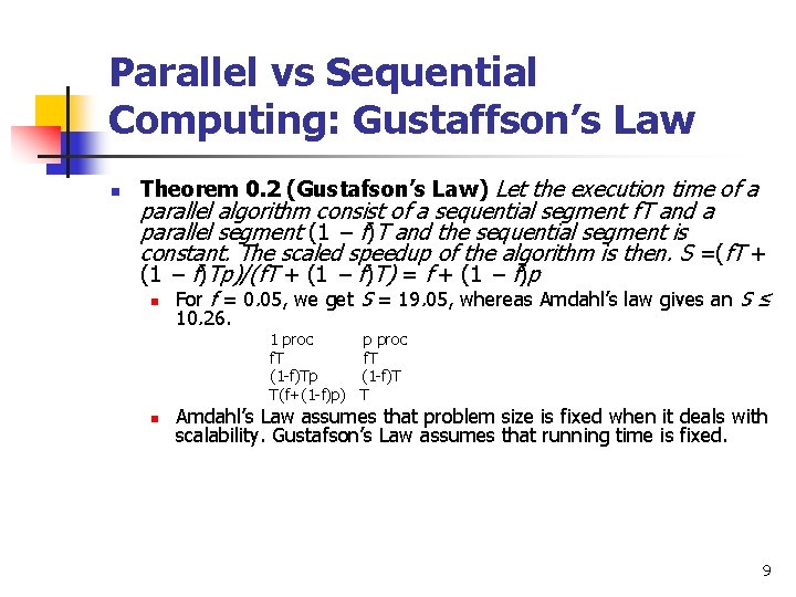 Parallel vs Sequential Computing: Gustaffson’s Law n Theorem 0. 2 (Gustafson’s Law) Let the