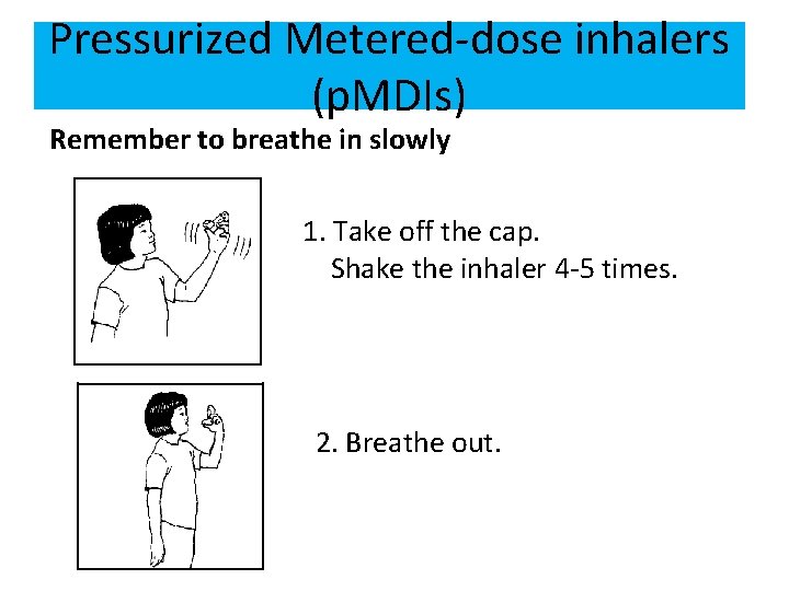 Pressurized Metered-dose inhalers (p. MDIs) Remember to breathe in slowly 1. Take off the