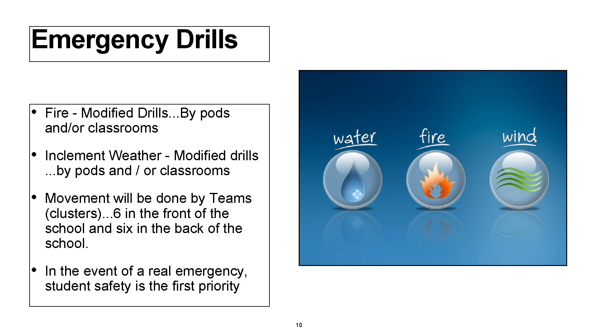 Emergency Drills • Fire - Modified Drills. . . By pods and/or classrooms •