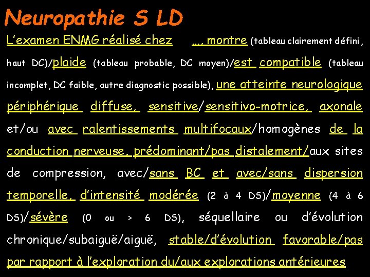 Neuropathie S LD L’examen ENMG réalisé chez …, montre (tableau clairement défini, haut DC)/plaide