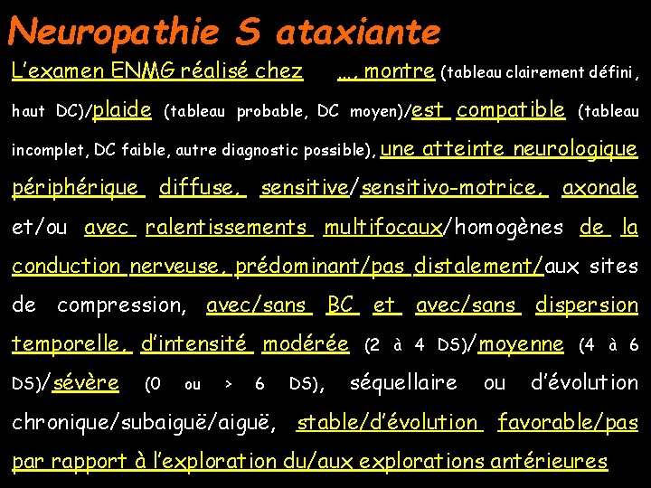 Neuropathie S ataxiante L’examen ENMG réalisé chez …, montre (tableau clairement défini, haut DC)/plaide