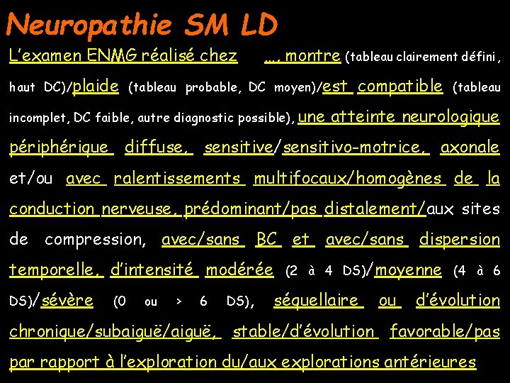 Neuropathie SM LD L’examen ENMG réalisé chez …, montre (tableau clairement défini, haut DC)/plaide