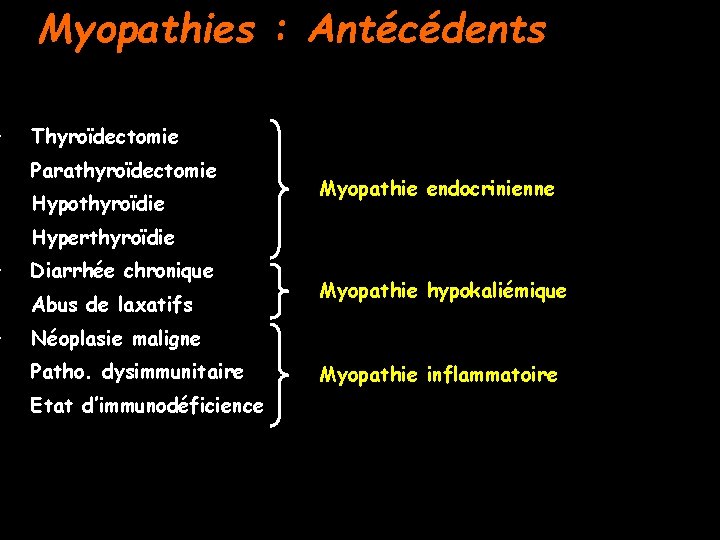  • • • Myopathies : Antécédents Thyroïdectomie Parathyroïdectomie Hypothyroïdie Myopathie endocrinienne Hyperthyroïdie Diarrhée