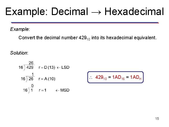 Example: Decimal → Hexadecimal Example: Convert the decimal number 42910 into its hexadecimal equivalent.