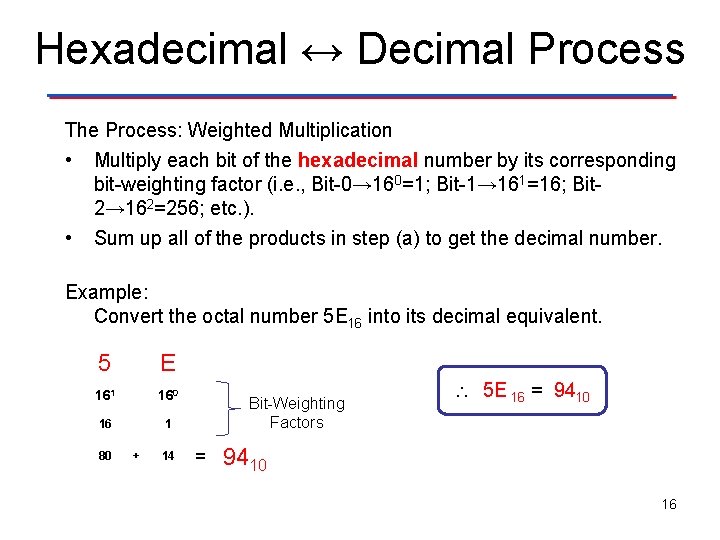 Hexadecimal ↔ Decimal Process The Process: Weighted Multiplication • Multiply each bit of the
