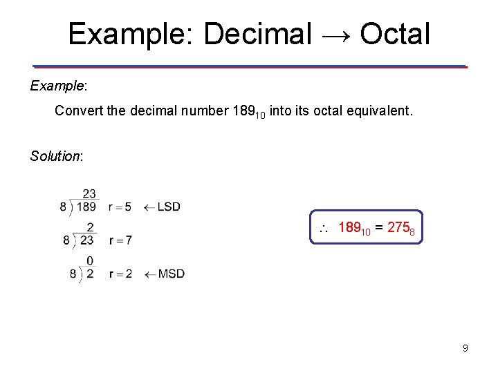 Example: Decimal → Octal Example: Convert the decimal number 18910 into its octal equivalent.
