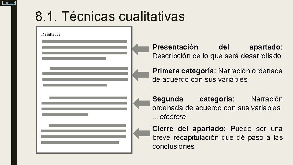 [índice] 8. 1. Técnicas cualitativas Resultados Presentación del apartado: Descripción de lo que será
