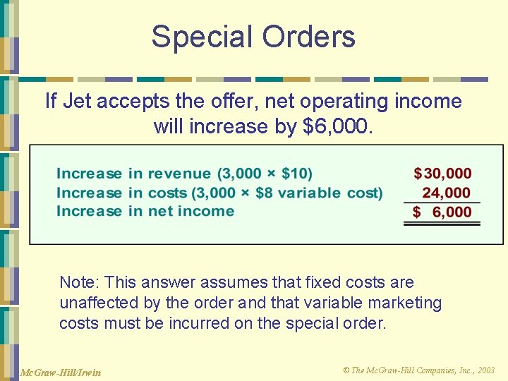 Special Orders If Jet accepts the offer, net operating income will increase by $6,