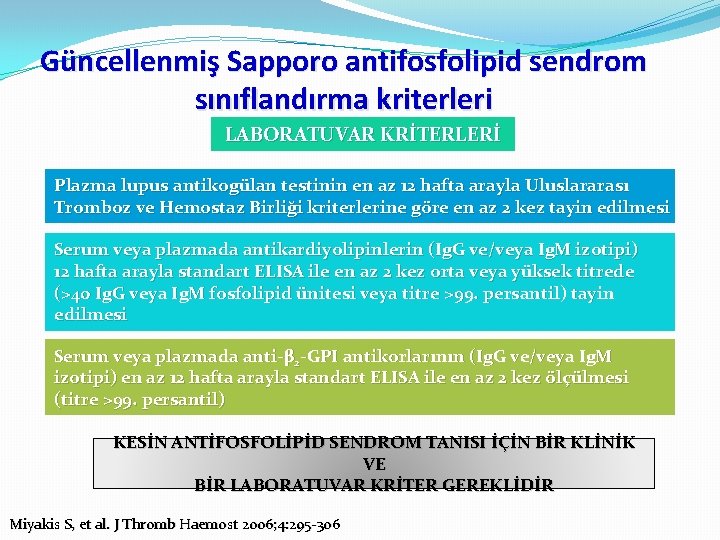 Güncellenmiş Sapporo antifosfolipid sendrom sınıflandırma kriterleri LABORATUVAR KRİTERLERİ Plazma lupus antikogülan testinin en az