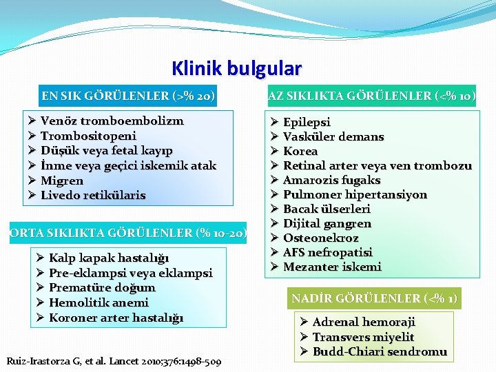 Klinik bulgular EN SIK GÖRÜLENLER (>% 20) AZ SIKLIKTA GÖRÜLENLER (<% 10) Ø Venöz