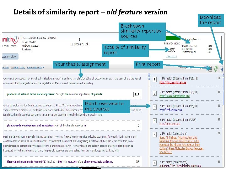 Details of similarity report – old feature version Breakdown similarity report by sources Total
