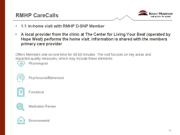 RMHP Care. Calls • 1: 1 in-home visit with RMHP D-SNP Member • A