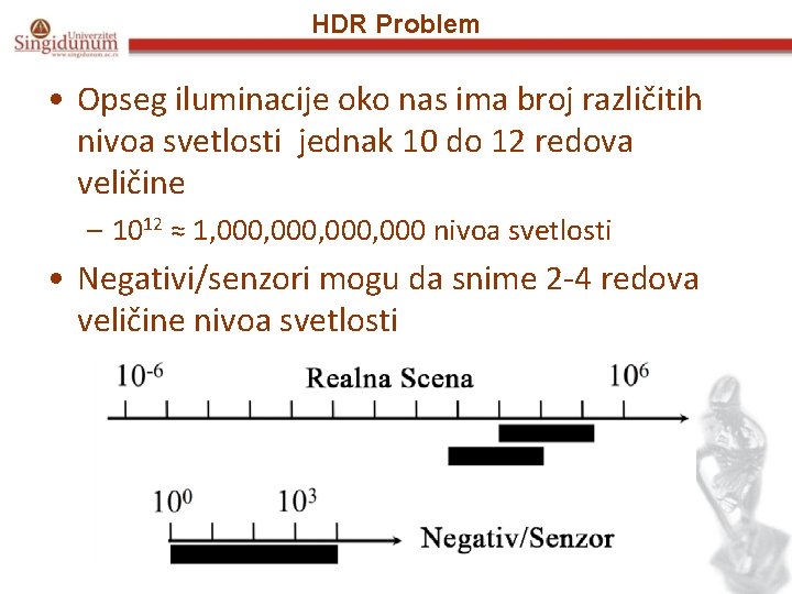 HDR Problem • Opseg iluminacije oko nas ima broj različitih nivoa svetlosti jednak 10