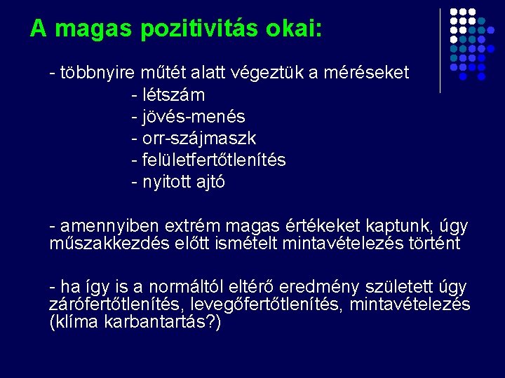 A magas pozitivitás okai: - többnyire műtét alatt végeztük a méréseket - létszám - A magas pozitivitás okai: - többnyire műtét alatt végeztük a méréseket - létszám -