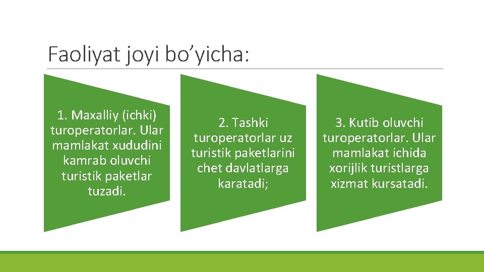 Faoliyat joyi bo’yicha: 1. Maxalliy (ichki) turoperatorlar. Ular mamlakat xududini kamrab oluvchi turistik paketlar