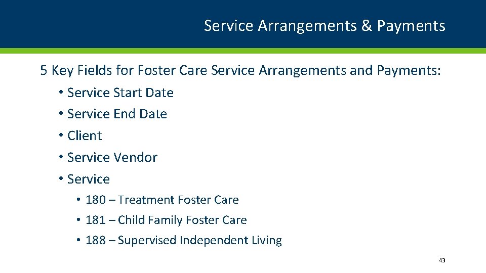 Service Arrangements & Payments 5 Key Fields for Foster Care Service Arrangements and Payments: