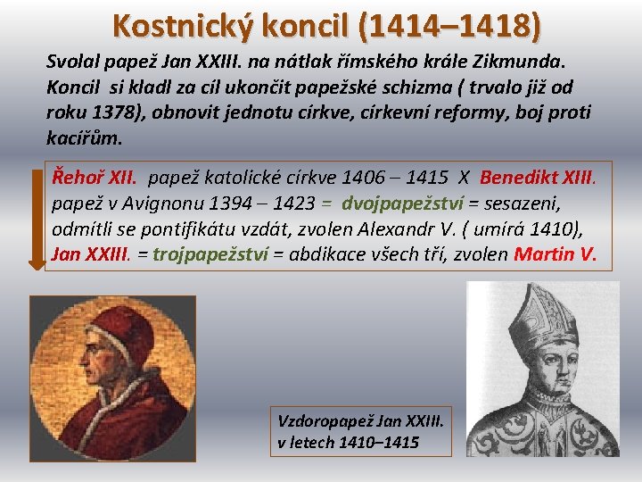 Kostnický koncil (1414– 1418) Svolal papež Jan XXIII. na nátlak římského krále Zikmunda. Koncil