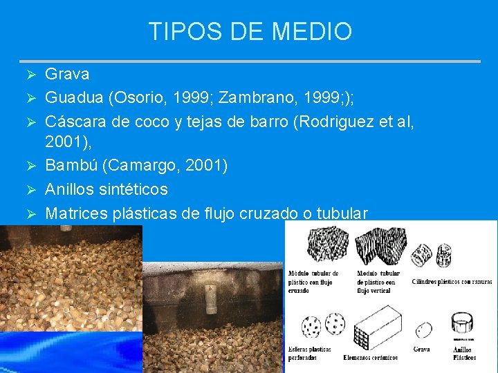 TIPOS DE MEDIO Ø Ø Ø Grava Guadua (Osorio, 1999; Zambrano, 1999; ); Cáscara