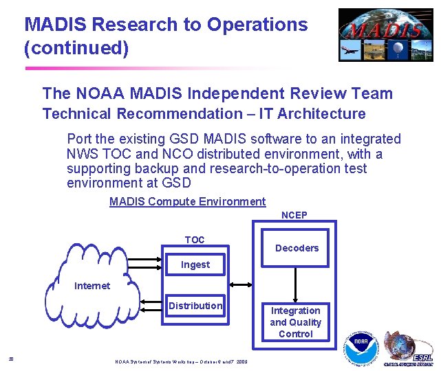 MADIS Research to Operations (continued) The NOAA MADIS Independent Review Team Technical Recommendation – MADIS Research to Operations (continued) The NOAA MADIS Independent Review Team Technical Recommendation –