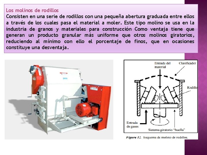 Los molinos de rodillos Consisten en una serie de rodillos con una pequeña abertura Los molinos de rodillos Consisten en una serie de rodillos con una pequeña abertura