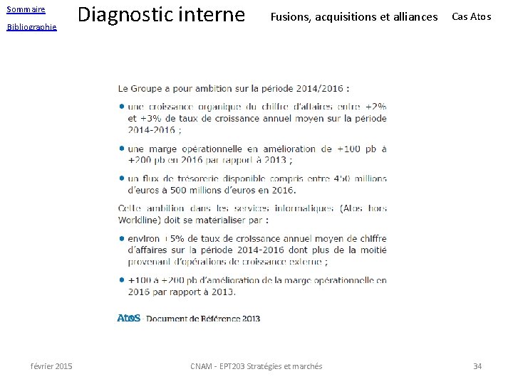 Sommaire Bibliographie février 2015 Diagnostic interne Fusions, acquisitions et alliances CNAM - EPT 203