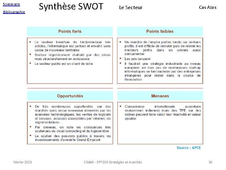 Sommaire Bibliographie février 2015 Synthèse SWOT Le Secteur CNAM - EPT 203 Stratégies et