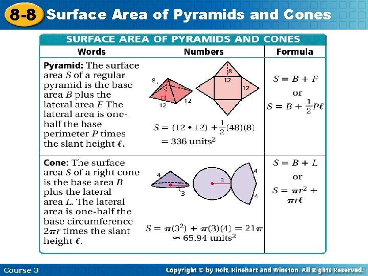 8 -8 Surface Area of Pyramids and Cones Course 3 