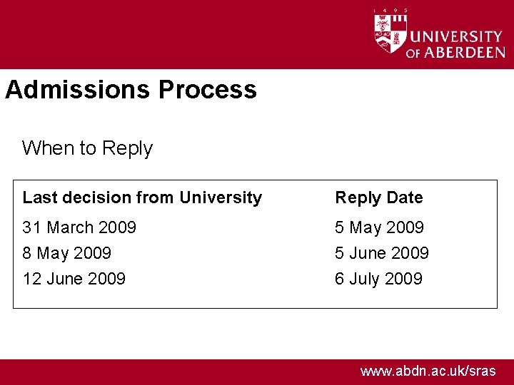 Admissions Process When to Reply Last decision from University Reply Date 31 March 2009