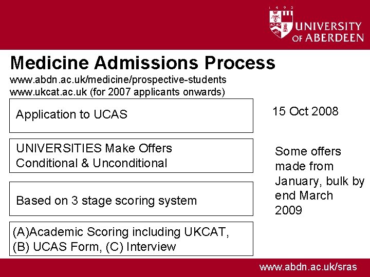 Medicine Admissions Process www. abdn. ac. uk/medicine/prospective-students www. ukcat. ac. uk (for 2007 applicants
