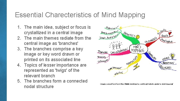 Essential Charecteristics of Mind Mapping 1. The main idea, subject or focus is crystallized