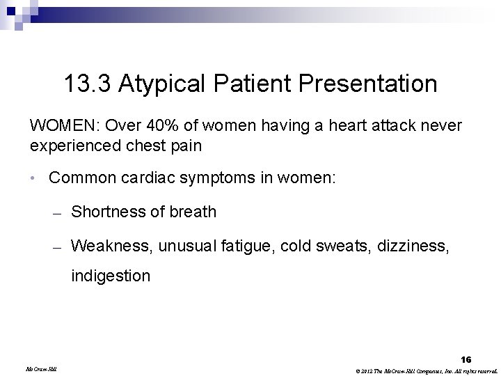13. 3 Atypical Patient Presentation WOMEN: Over 40% of women having a heart attack
